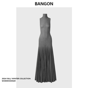 BANGON 易梦玲同款灰色高领连衣裙无袖高级感2024年新款百褶裙子