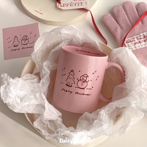 粉色浪漫圣诞快乐雪人英文印花陶瓷马克杯少女心早餐咖啡牛奶水杯