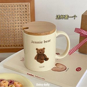 原创奶油色珍妮小熊陶瓷马克杯大容量早餐牛奶咖啡杯情侣喝水杯子