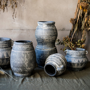 掬涵非洲元素复古陶罐艺术古老纹饰复古花器花盆摆件民族风瓦罐