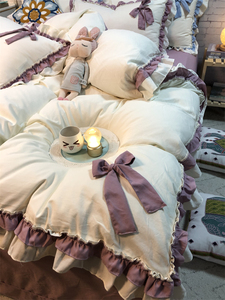 魅力紫色花边蝴蝶结四件套水洗棉麻被套床单居家温馨公主床品1.8m