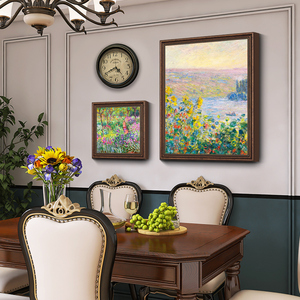 【莫奈风景】美式风格餐厅组合挂画莫奈风景油画带钟表装饰画壁画