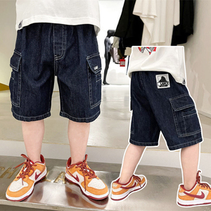 日本潮牌童装24夏季新款大猩猩儿童休闲大口袋明线牛仔短裤五分裤