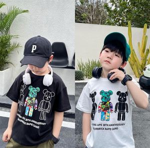 日本潮牌BAPE童装22夏季新款猿人头积木熊卡通印花男女童短袖T恤
