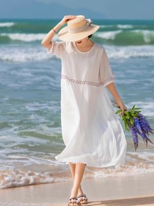 清仓捡漏~飘逸仙女刺绣白色亚麻连衣裙女度假旅行沙滩棉麻长裙子