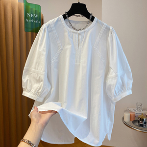 新中式白色衬衫女短袖2024新款夏季宽松休闲套头长绒棉娃娃衫上衣