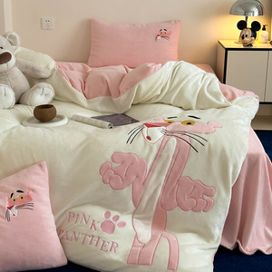 公主风迪士尼粉红豹双面牛奶绒四件套珊瑚绒加厚床单被套床上冬季
