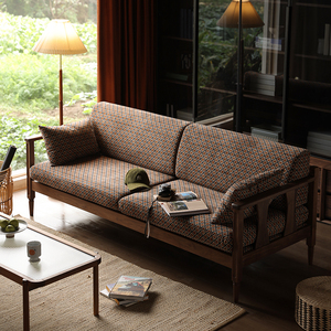 凡人家私复古实木黑胡桃木沙发三人位小户型现代简约直排北欧沙发