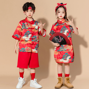 学生装演出服中国风女旗袍男生唐装汉服啦啦队舞蹈民族表演服红色