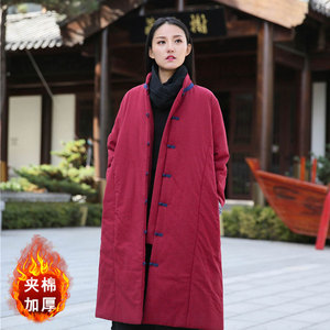 新中式禅意茶服女中国风复古文艺棉衣加厚中长款女款唐装棉袄外套