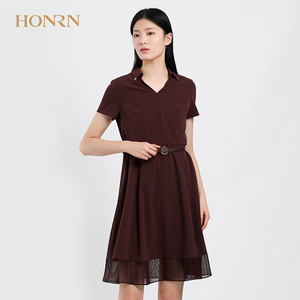 HONRN/红人专柜正品夏季女装短袖翻领X型连衣裙商场同款HE22OL220