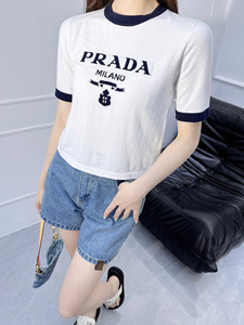 Prada/普拉达24ss羊毛纱线字母logo刺绣短款休闲短袖针织衫T恤女
