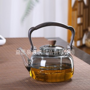 高硼硅透明玻璃仿胡桃木纹提梁壶办公待客花茶壶可电陶炉加热茶壶