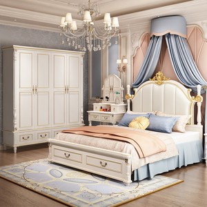 美式轻奢双人床卧室组合套装实木床板1.8米 欧式婚床简约现代高箱