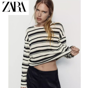 ZARA  秋季新品女装时尚度假风圆领条纹针织套头毛衣上衣 2298651