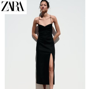 ZARA 新品女装夏亚麻迷笛黑色修身显瘦吊带连衣裙 8741049  800