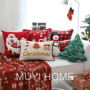 INS新年节日装饰抱枕圣诞树玩偶客厅沙发靠垫床上靠枕红色抱枕套