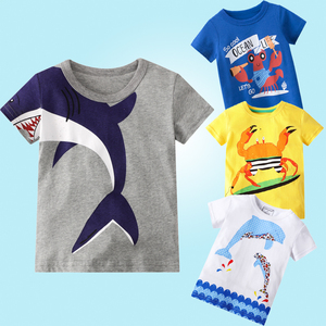 鲨鱼图案儿童短袖T恤夏海洋动物世界龙虾章鱼2-10岁男童纯棉衣服