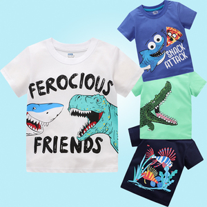 鲨鱼男童短袖T恤夏季纯棉蓝色海洋动物世界幼儿园中小童百搭上衣