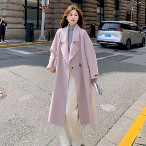 粉紫色双面呢大衣秋冬女2024新款韩系高级感超好看中长款毛呢外套