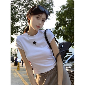 美式辣妹星星印花短袖T恤女夏季设计感修身显瘦短款正肩上衣ins潮