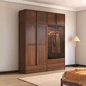 黑胡桃木实木衣柜玻璃门柜中式现代简约带顶储物柜家用卧室收纳柜