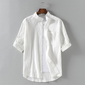 高端外贸亚麻白色衬衫男士短袖2024新款高级感宽松棉麻七分袖衬衣