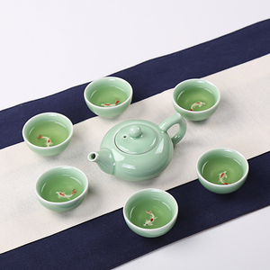 厂家直销特价7头龙泉青瓷鲤鱼茶杯茶壶整套礼品公司茶具套装定制