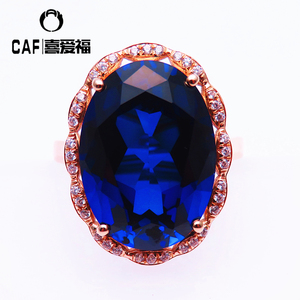 CAF珠宝纯14K彩金俄罗斯585紫金新品时尚豪华锆石镶边蓝宝石戒指