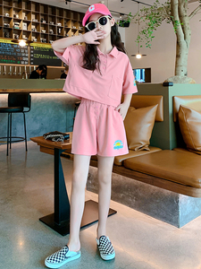 女童网红套装夏季韩版中大童时髦洋气女孩短袖丅恤短裤运动两件套
