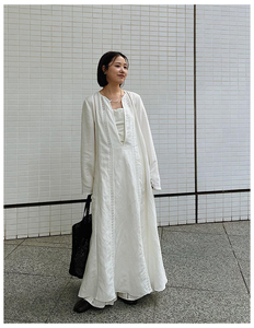 ETRE日系设计感波西米亚度假蕾丝拼接棉麻深V背心连衣裙白色长裙