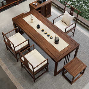 新中式实木茶桌椅组合明式茶台禅意办公泡茶桌老榆木茶室家具