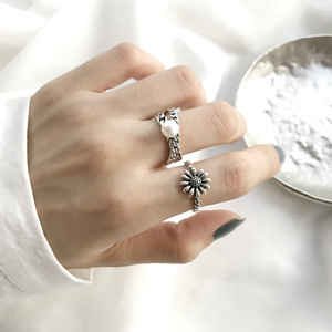韩版S925纯银戒指 女复古泰银小雏菊指环双层链条珍珠开口套戒