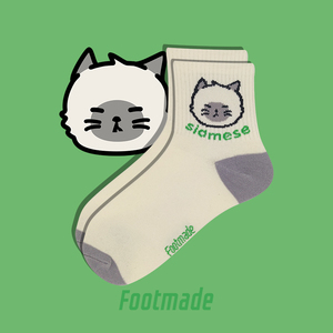 【黑脸小猫】可爱袜子女透气短筒袜暹罗猫图案卡通灰绿配色