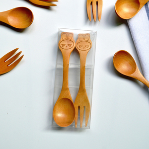 创意实木儿童餐具勺子叉套装日式卡通木勺木叉创意可爱水果面条叉