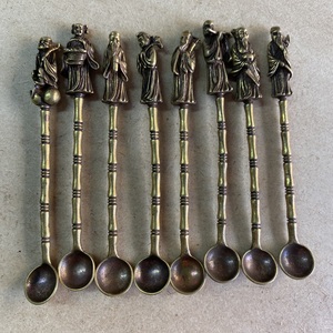 黄铜八仙过海小铜勺一套仿古八仙人物铜勺古代小勺子古董古玩收藏