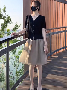 韩国黑色冰丝洋气上衣夏季薄款女短袖针织法式小众设计感V领开衫t