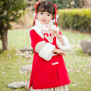 女童中国风刺绣套装唐装中长款棉衣外套冬装汉服小女孩拜年服袄裙