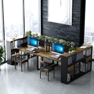 办公室员工实木办公桌工位带侧柜屏风隔断架两人面对面电脑工作台