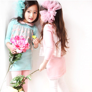 儿童女童粉红纯棉长袖连衣裙春季韩版长T中小童小圆领包臀蕾丝T恤