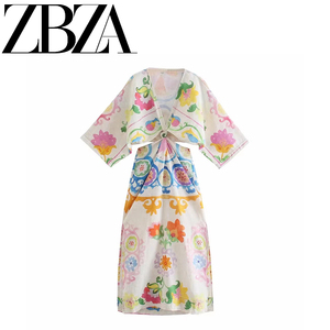 ZAR 新款 女装 欧美风法式小众印花图案显瘦亚麻连衣裙设计感长裙