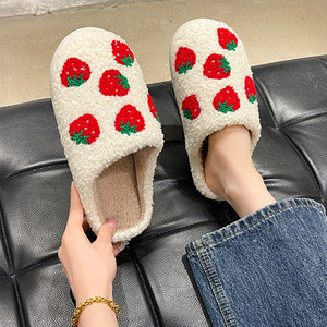 月子棉拖鞋女秋冬季可爱草莓室内居家用防滑软底保暖毛绒包头拖鞋