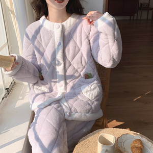 三层夹棉袄加厚睡衣冬季女款套装珊瑚绒保暖开衫甜美可爱家居服冬