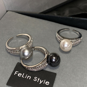 施家黑灰色澳白色单颗珍珠开口戒指女可调节时尚个性精致中指食指