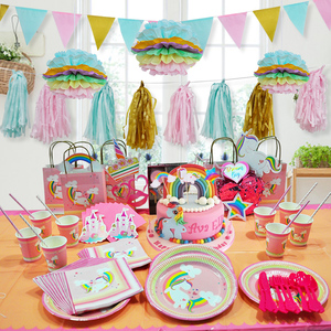 粉色独角兽生日派对用品Unicorn女孩公主儿童装饰布置餐具套装