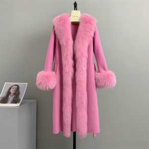 狐狸毛大门襟羊绒大衣双面尼23年秋冬新款粉色白修身版外套女F02