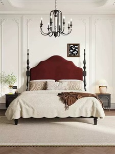 法式复古老巴黎1.8米双人床实木软包床高背床美式简约罗马柱红床