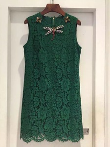 高端品质定制蕾丝进口捷克水晶蜻蜓钉珠复古祖母绿无袖背心连衣裙