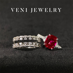 Veni珠宝 安妮罗曼史 培育红宝石戒指蕾丝排戒叠带满钻微镶女H44