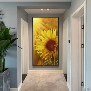 入户玄关装饰画向日葵走廊尽头壁画现代简约挂画竖版手绘油画原创